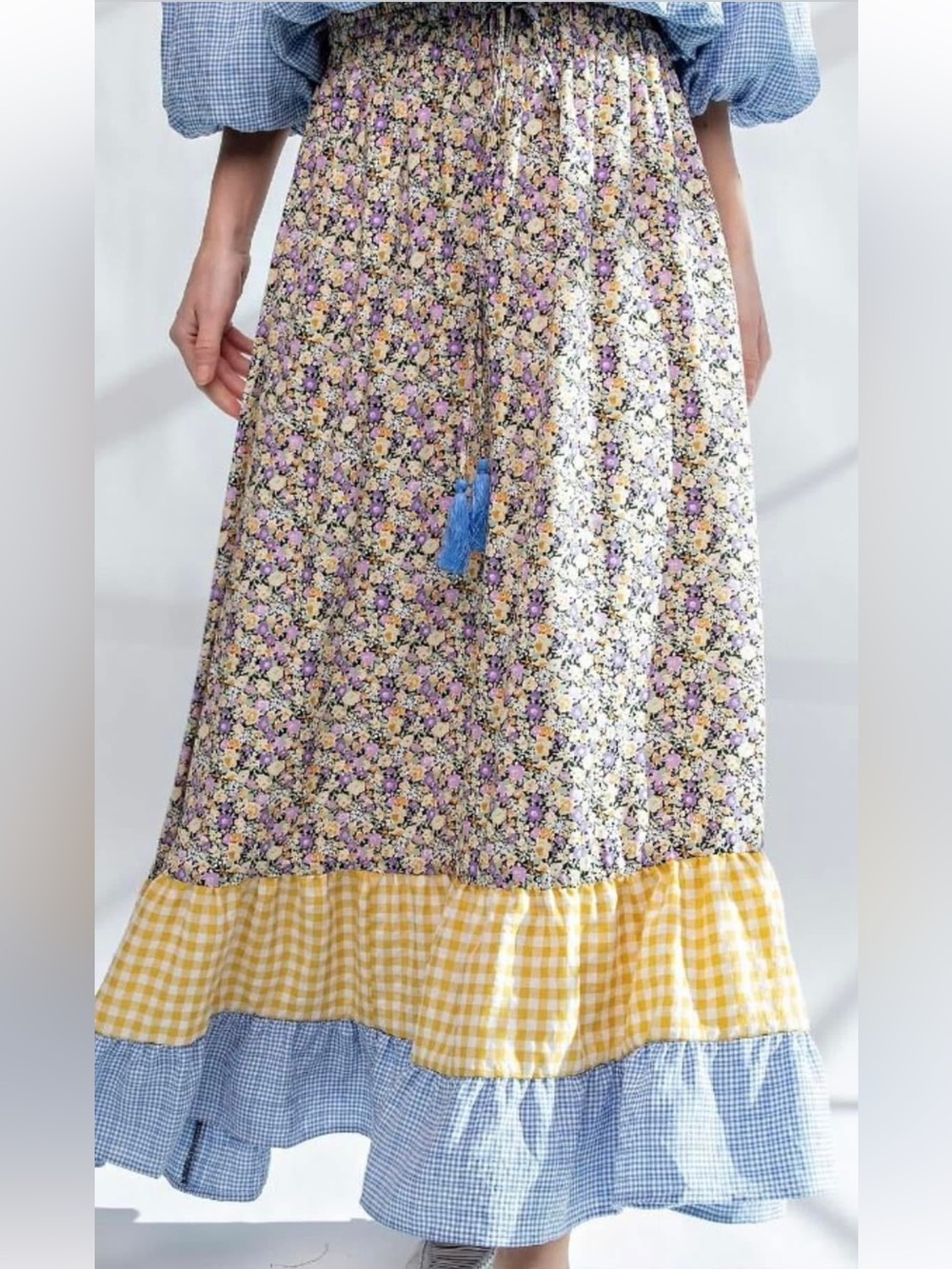 Easel ‘Picnic Perfect’ Sz Large Floral Maxi Skirt with Gingham Ruffle